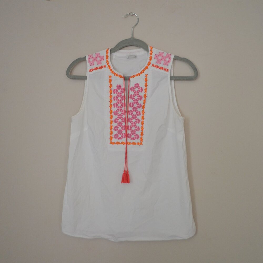 J.Crew Factory Sleeveless Embroidered White Blouse with Tassels Size 4